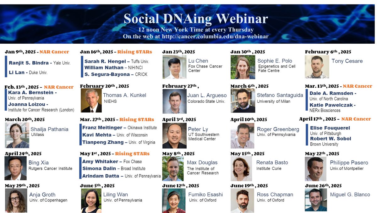 Zha Lab (@zha_lab) on Twitter photo Check out the 2025 lineup of Social DNAing! Exciting new talks. We will also host 4 webinars in collaboration with NAR/NAR Cancer <a href="/NAR_Cancer_EIC/">Bill Dynan - NAR Cancer Editor</a> to celebrate their 5-year birthday! Full programs will be on the website in 10 days. Stay tune. Check out the 2025 lineup of Social DNAing! Exciting new talks. We will also host 4 webinars in collaboration with NAR/NAR Cancer <a href="/NAR_Cancer_EIC/">Bill Dynan - NAR Cancer Editor</a> to celebrate their 5-year birthday! Full programs will be on the website in 10 days. Stay tune.