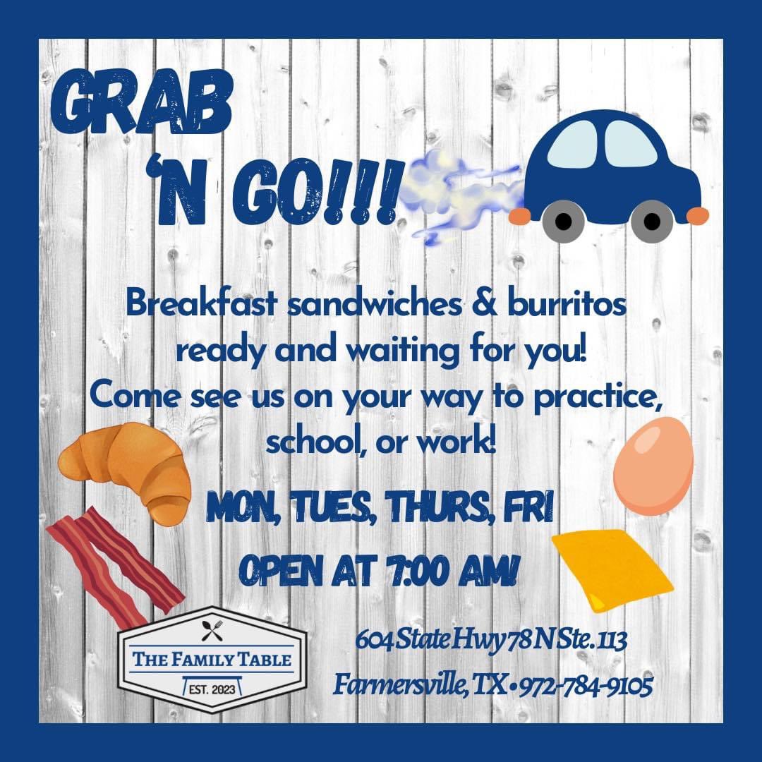 ⛅️ Good Morning, y’all! ⛅️
Here’s your reminder to get your breakfast! 
🔹Grab ‘n Go!!!🔹
Available at 7 am! Start your day off right with a breakfast burrito or sandwich! 

#MadeFromScratch 
#EatSmall #EatLocal 
#SupportSmallBusiness 
#BestOfFarmersville 
#TheFamilyTableFV