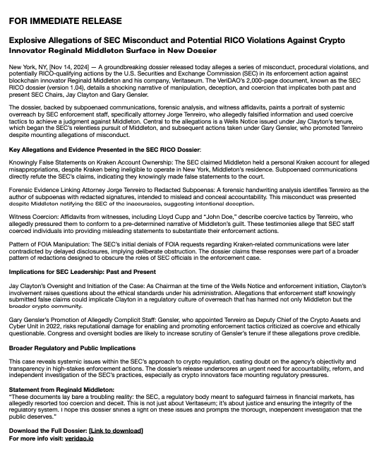 SovereignRiz's tweet photo. THREAD: SEC Misconduct? 
The Explosive Case of Reginald Middleton & Veritaseum 

For those new to this story, Reginald Middleton, founder of blockchain tech company Veritaseum, has been locked in a battle with the SEC. 

The VeriDAO claims the SEC committed fraud upon the court to secure asset freezes, TROs, and judgments against Reggie. Recent evidence suggests a disturbing pattern of misconduct within the SEC. 

1/ Here’s what’s happening...