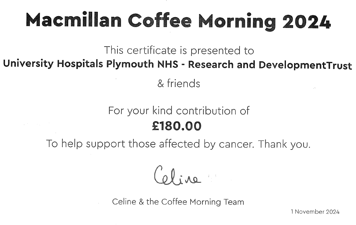 What fabulous news! We received a certificate for our <a href="/macmillancancer/">Macmillan Cancer Support</a> Coffee Morning today and have raised more than we'd originally thought! Thank you to all who baked &amp; donated to help us raise an amazing £180 🤩 <a href="/UHP_NHS/">University Hospitals Plymouth NHS Trust</a> @DAllcorn
