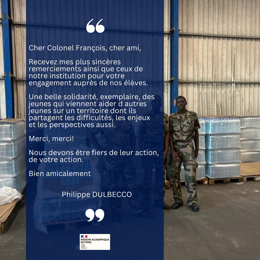 La solidarité c’est la valeur qu’on accorde aux autres et à la communauté qui nous réunit.

Merci au Colonel François et aux jeunes du RSMA Guyane.

#crisedeleau #acguyane #rsmaguyane #hautmaroni #saintlaurentdumaroni