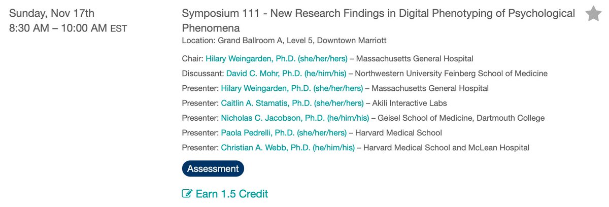 if you're still around <a href="/ABCTNOW/">Association for Behavioral and Cognitive Therapies</a> Sunday AM and are a fan of digital phenotyping, come check out our symposium "New Research Findings in Digital Phenotyping of Psychological Phenomena" w/ <a href="/NC_Jacobson/">Nick Jacobson</a> <a href="/DavidCMohr/">David Mohr</a> <a href="/HilWeingarden/">Hilary Weingarden</a> Drs. Stamatis <a href="/ppedrelli_paola/">Dr. Pedrelli</a>