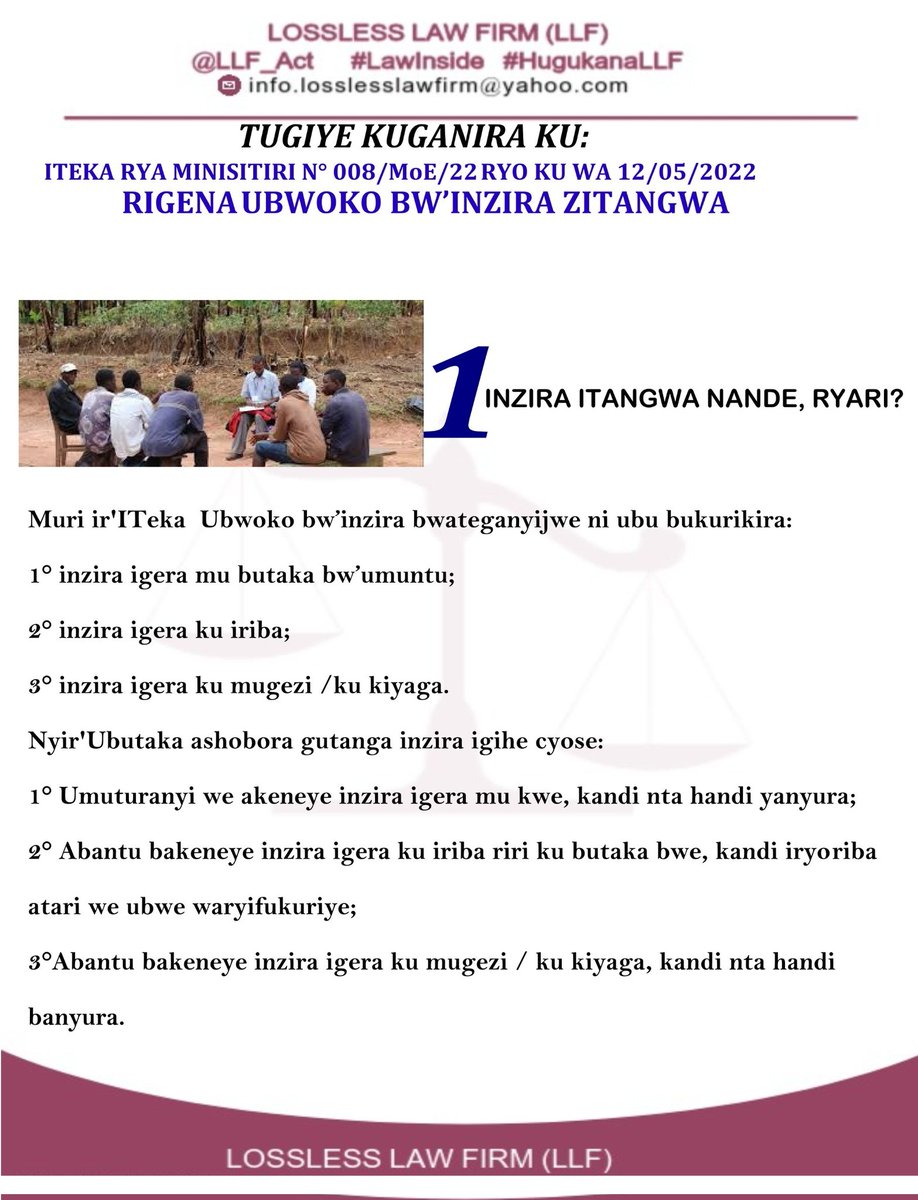 LLF_Act's tweet photo. Tugendeye ku Iteka rya Minisitiri N° 008/MoE/22 ryo ku wa 12/05/2022 rigena ubwoko bw’inzira zitangwa.Inzira itangwa nande, kandi ryari?? #HugukanaLLF @Lands_Rwanda @REMA_Rwanda @250_freddy81476 @nkundineza_eric @Abayo_Advocates @Raissak49 @LawUlk @LawStudentsEA @UR_Law_Students https://t.co/az6M3tJXWH