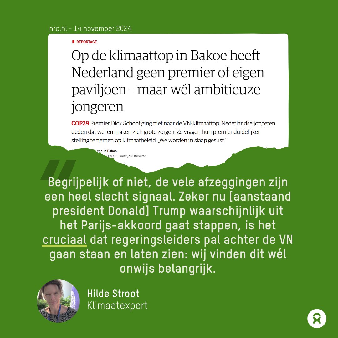 De Jonge Klimaatbeweging, koepel van zeventig jongerenorganisaties die zich inzetten voor een progressiever klimaatbeleid: ‘We willen constructief zijn en in gesprek met beleidsmakers. Daarom zijn we naar #COP29 gekomen. Maar Schoof komt niet.’ 

nrc.nl/nieuws/2024/11…
