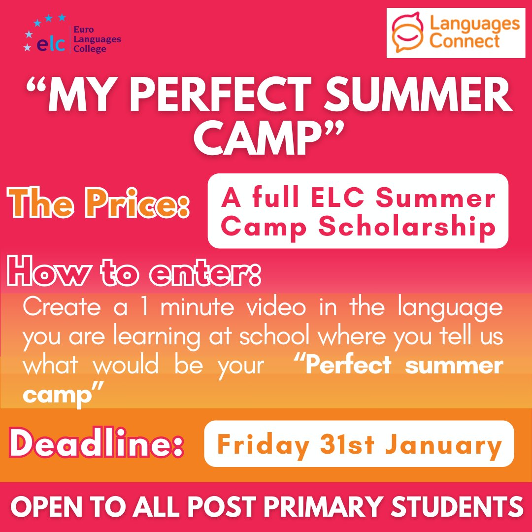 EuroLangColl's tweet photo. Calling all post-primary students and teachers! 🎒 We are delighted to be partnering with @langsconnect_ie  for another competition. This is an amazing opportunity for all secondary students to win an @EuroLangColl French, German, or Spanish Summer camp! https://t.co/GirMdMLw0o