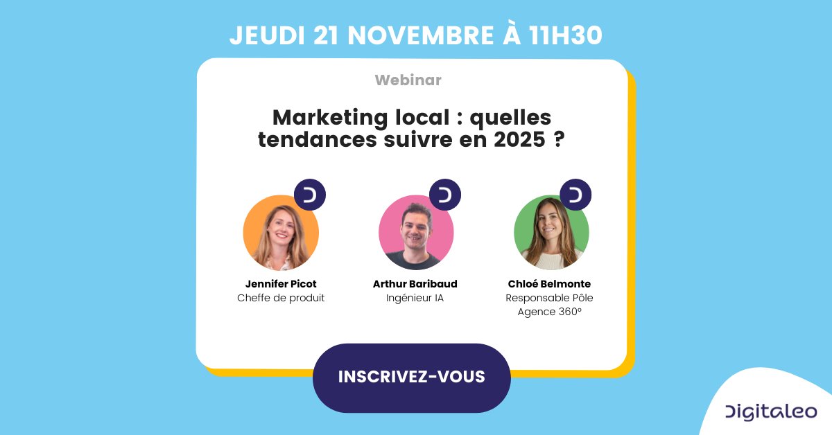 [Webinar] Marketing local : les tendances à suivre en 2025 🚀

📅 Rendez-vous le jeudi 21 novembre à 11h30 pour découvrir de nouveaux leviers !

Au programme : 
📊 Nouvelles tendances 
🔎 Cas concrets 
💡 Focus technologique

Pour vous inscrire 👉 register.gotowebinar.com/register/21197…