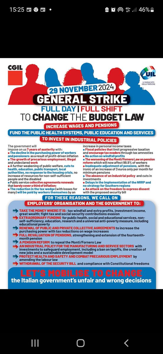 m_blle's tweet photo. @cgilnazionale and @UILofficial call for a general #strike on 29 November against the new budget law. We say NO to #austerity and we demand funding for public health, education and services, increase wages and better pensions. Stop the attacks against the right to strike @ituc https://t.co/7udiVMAYwG