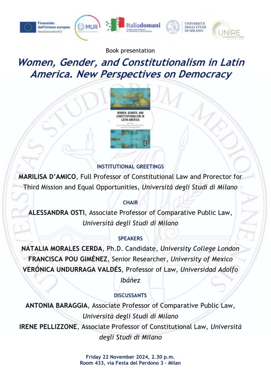 Natalia Morales Cerda (@nataliapmorale) on Twitter photo Exciting news! 👏🏽 Next week we’ll be discussing gender and constitutionalism in Latin America at <a href="/LaStatale/">Università degli Studi di Milano</a> 🇮🇹 with <a href="/veronicaundurra/">verónica undurraga</a> and Francisca Pou Giménez. Very grateful to <a href="/AntoniaBaraggia/">Antonia Baraggia</a> for the invitation and for putting together this wonderful panel! Exciting news! 👏🏽 Next week we’ll be discussing gender and constitutionalism in Latin America at <a href="/LaStatale/">Università degli Studi di Milano</a> 🇮🇹 with <a href="/veronicaundurra/">verónica undurraga</a> and Francisca Pou Giménez. Very grateful to <a href="/AntoniaBaraggia/">Antonia Baraggia</a> for the invitation and for putting together this wonderful panel!