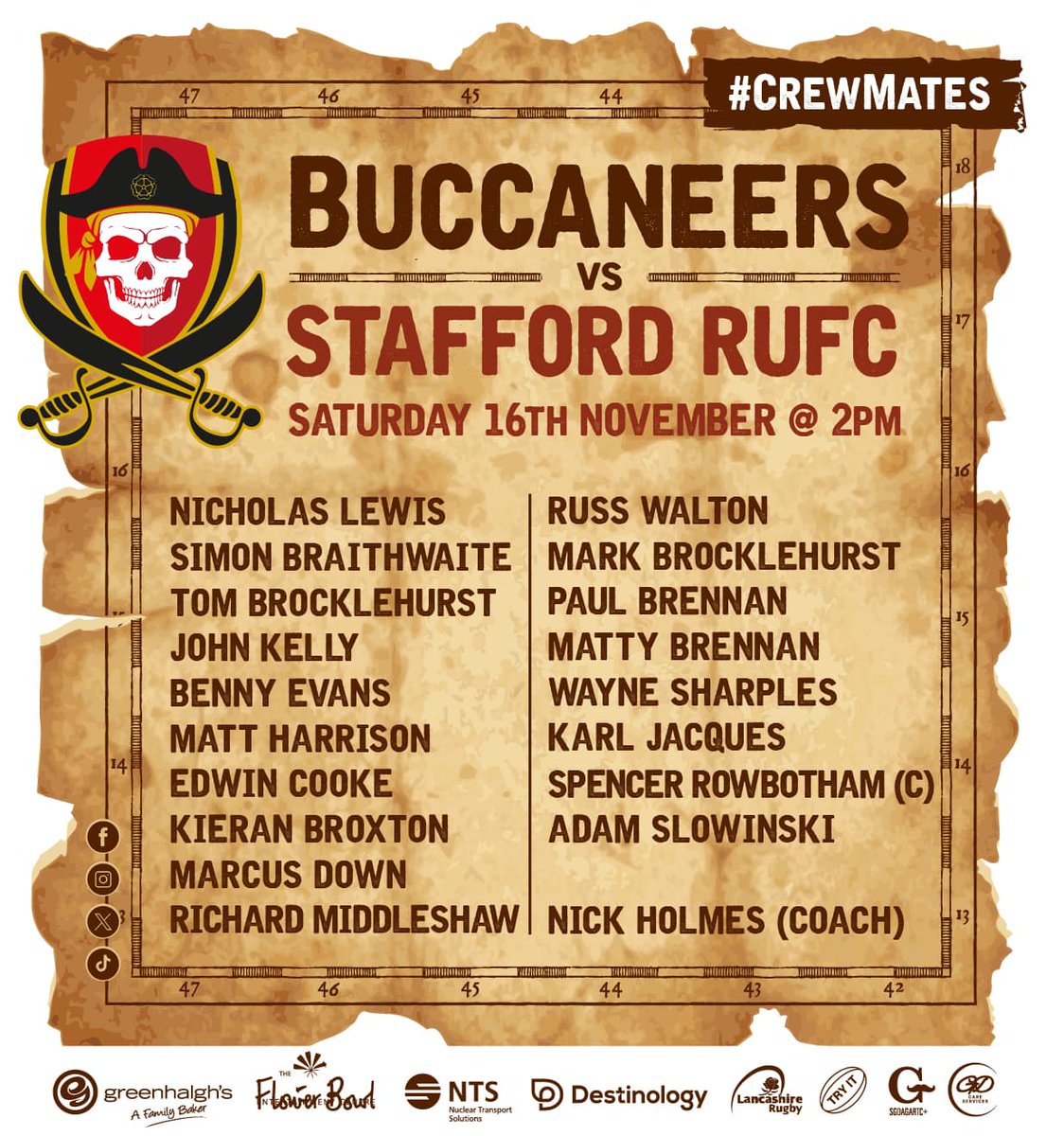 BuccaneersMA's tweet image. This just in…. Your Buccaneers squad for the game against Stafford Rugby Club at Bolton Rugby Club on Saturday. Kick Off is at 2pm, get down to Avenue Street for what promises to be a wonderful game of MA rugby… the bar will be open!
#boltonrufc #mixedability #mixedabilityrugby