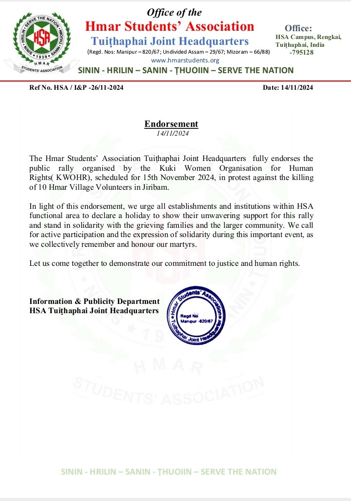 Sumkawn's tweet photo. Manipur: Hmar Students' Association and KSO-Ccpur endorse the Public Rally announced by KWOHR on Nov. 15 in protest against the unprovoked killing of 10 Hmar village volunteers in Jiribam

#JiribamKukiZoMassacre
#JiribamMassacre 
#Kuki_ZoMartyrs 

@MIB_India @ANI @PTI_News @IndiaTodayNE @NENowNews @NELiveTV @EastMojo @SumirDH @vijaita @afridahussai @sangbarooahpish @the_hindu @ThePrintIndia @thewire_in @timesofindia @ndtv @ttindia