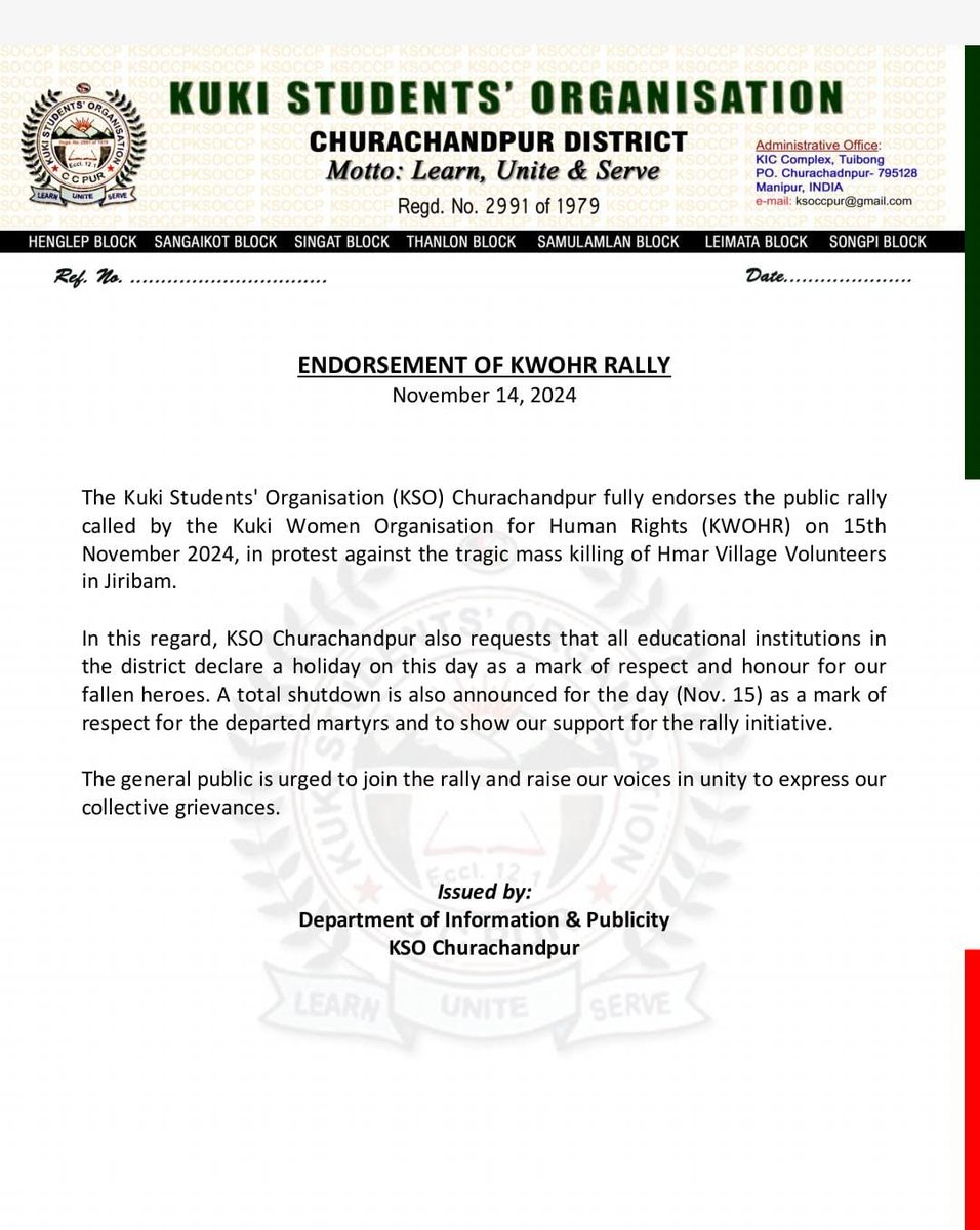 Sumkawn's tweet photo. Manipur: Hmar Students' Association and KSO-Ccpur endorse the Public Rally announced by KWOHR on Nov. 15 in protest against the unprovoked killing of 10 Hmar village volunteers in Jiribam

#JiribamKukiZoMassacre
#JiribamMassacre 
#Kuki_ZoMartyrs 

@MIB_India @ANI @PTI_News @IndiaTodayNE @NENowNews @NELiveTV @EastMojo @SumirDH @vijaita @afridahussai @sangbarooahpish @the_hindu @ThePrintIndia @thewire_in @timesofindia @ndtv @ttindia