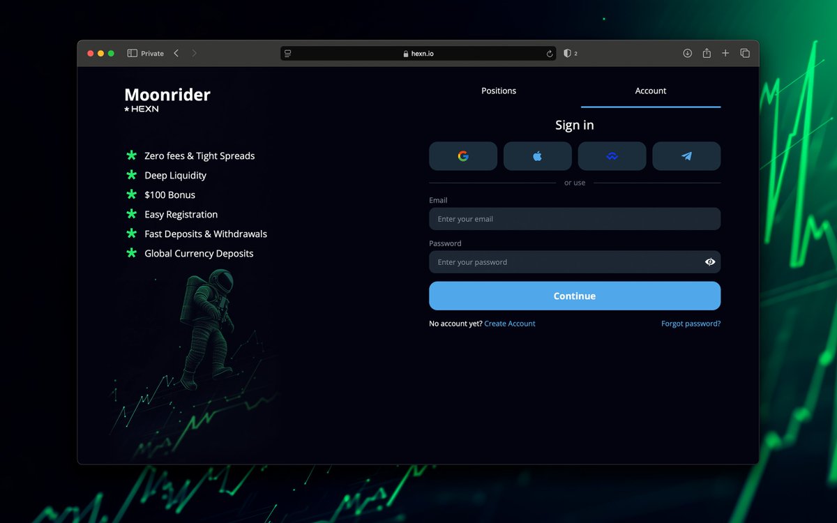 🖥 Introducing the Web Client for Moonrider

🔗 Visit hexn.io/moonrider to get started!

Sign up via email, Google, Apple, or WalletConnect. But if you want to continue using your existing HEXN App account, simply log in via Telegram!