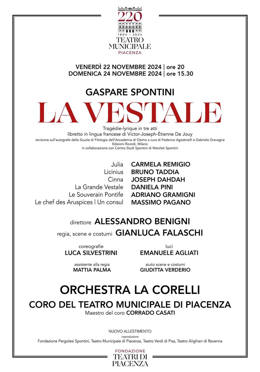 Nasceva 250 anni fa, il 14 novembre 1774, Gaspare Spontini. Per celebrare l'anniversario torna in scena al Municipale dopo 45 anni d'assenza "La Vestale". Vi aspettiamo a teatro venerdì 22 e domenica 24 novembre! 

#Spontini250 #gasparespontini #LaVestale

teatripiacenza.it/event/la-vesta…