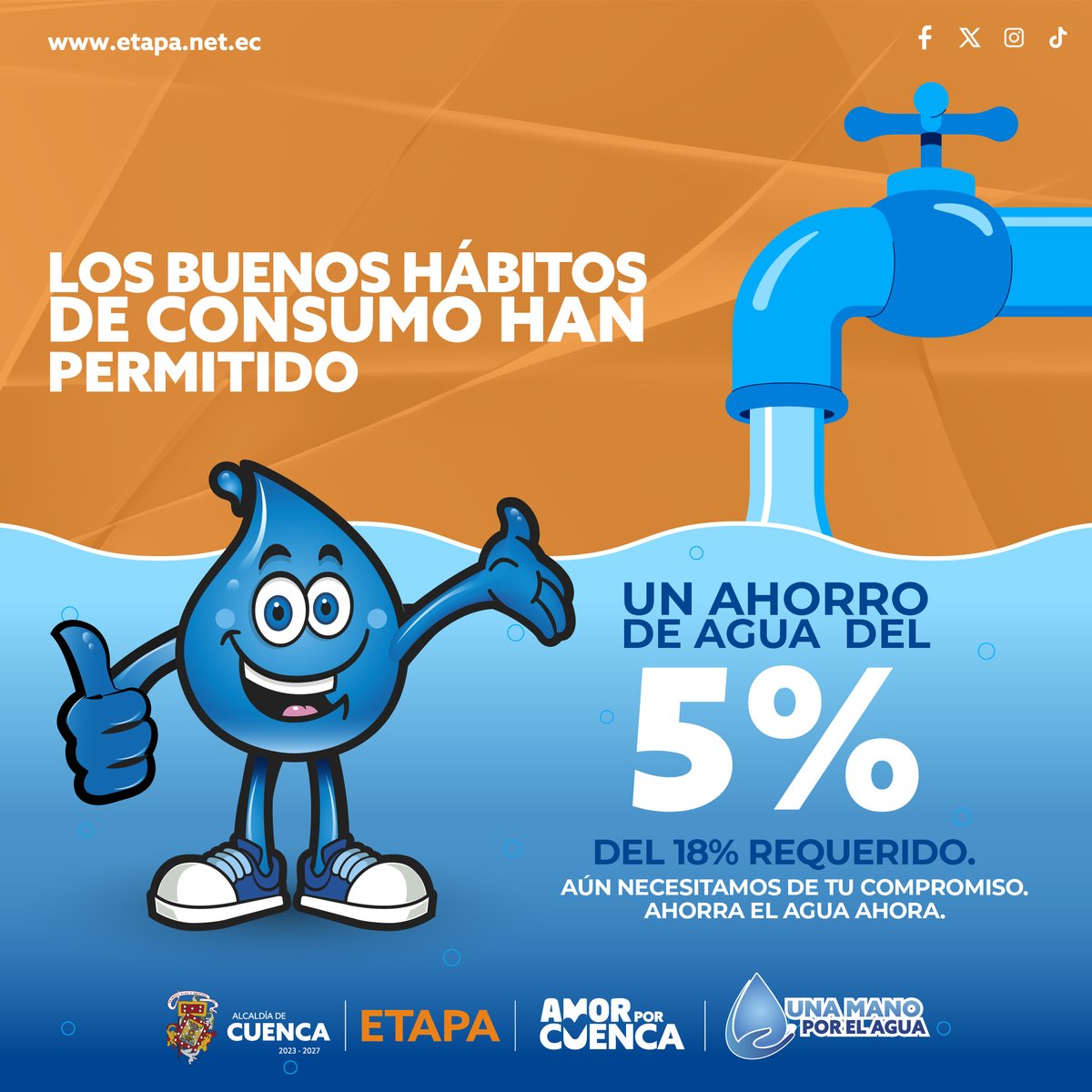 El mensaje de Consumo Responsable de Agua Potable liderado por la Alcaldía de Cuenca, a través de ETAPA EP, ha generado un ahorro del 5% en las últimas 24 horas. Agradecemos la corresponsabilidad de la ciudadanía. 
<a href="/czamoramatute/">Cristian Zamora M</a> 
<a href="/maveronicapolo/">María Verónica Polo Avilés</a> 
<a href="/MunicipioCuenca/">Municipio Cuenca</a>