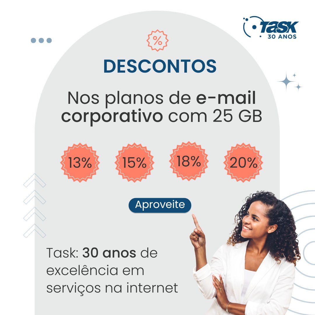 TaskInternet's tweet image. Aproveite! Planos de e-mail corporativo com 25 GB e descontos de 13% a 20% na Task Internet.

Acesse: task.com.br/email-corporat…