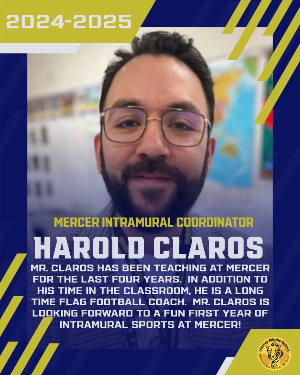 Next to enter the spotlight is Mr. Harold Claros of Mercer Middle School! He has been a teacher at Mercer for the past four years.  In addition to teaching, Mr. Claros is a long time flag football coach and is looking forward to the intramural fun!