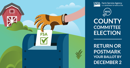 .@USDAFSA county committee election ballots have been mailed to eligible voters. Cast your vote by TODAY! #LeadYourFSA fsa.usda.gov/elections