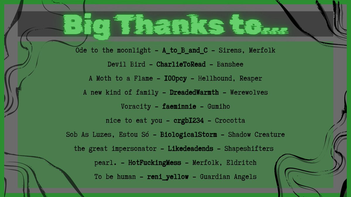exomonsterfest's tweet photo. And with that, our authors have been revealed! Big BIG thank you to everyone who participated even after years of Monsterfest being dormant! It has been such a fun ride and I am so glad I stopped being intimidated by running such a big fest alone as a first time mod and did it 🖤 https://t.co/HgLuSieors
