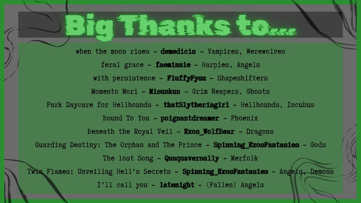 exomonsterfest's tweet photo. And with that, our authors have been revealed! Big BIG thank you to everyone who participated even after years of Monsterfest being dormant! It has been such a fun ride and I am so glad I stopped being intimidated by running such a big fest alone as a first time mod and did it 🖤 https://t.co/HgLuSieors