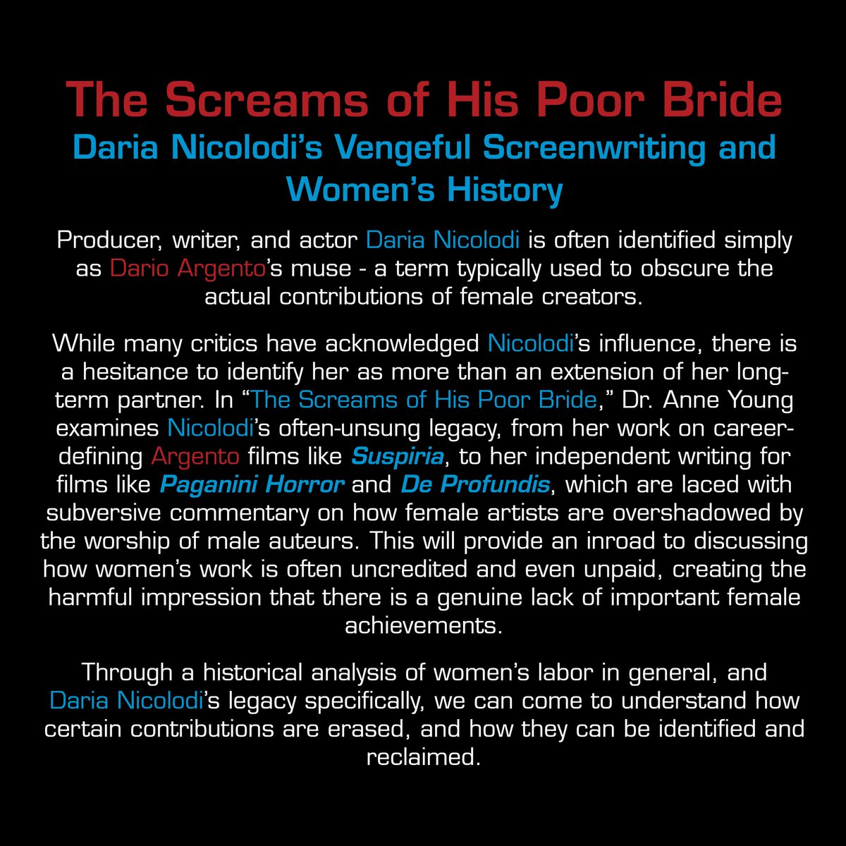 Next TUESDAY - possibly one of <a href="/MiskatonicIHS/">Miskatonic Institute of Horror Studies</a>' most vital Online presentations. 
Anne Young looks at the wonder that was Daria Nicolodi - hopefully she puts a man's face through a window.
Tickets &amp; Details: billetto.co.uk/e/the-screams-…