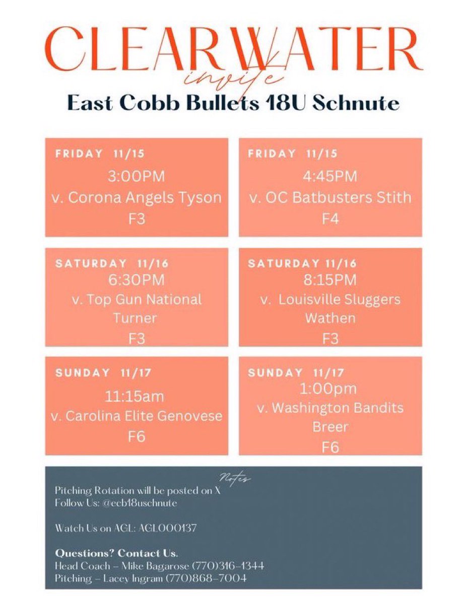 Ari Clark (@ariclark2025) on Twitter photo ✈️ Headed to the ☀️ state this weekend Nov 15-17 for the Clearwater Fall Classic in Florida 🌊🌴 Check out our schedule below. Come watch us play! <a href="/ecb18uSchnute/">East Cobb Bullets 18U Gold-Schnute</a> <a href="/EastCobbBullets/">EC Bullets Fastpitch</a> ✈️ Headed to the ☀️ state this weekend Nov 15-17 for the Clearwater Fall Classic in Florida 🌊🌴 Check out our schedule below. Come watch us play! <a href="/ecb18uSchnute/">East Cobb Bullets 18U Gold-Schnute</a> <a href="/EastCobbBullets/">EC Bullets Fastpitch</a>