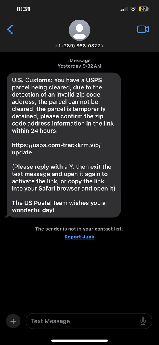 Justin777Robles's tweet photo. @DHS_ICE_ @USPS @USPSHelp @ATT Received this text message and wanted to inform y’all about its potential involvement with a type of #Scam #Phishing https://t.co/uWUSoQtX4O