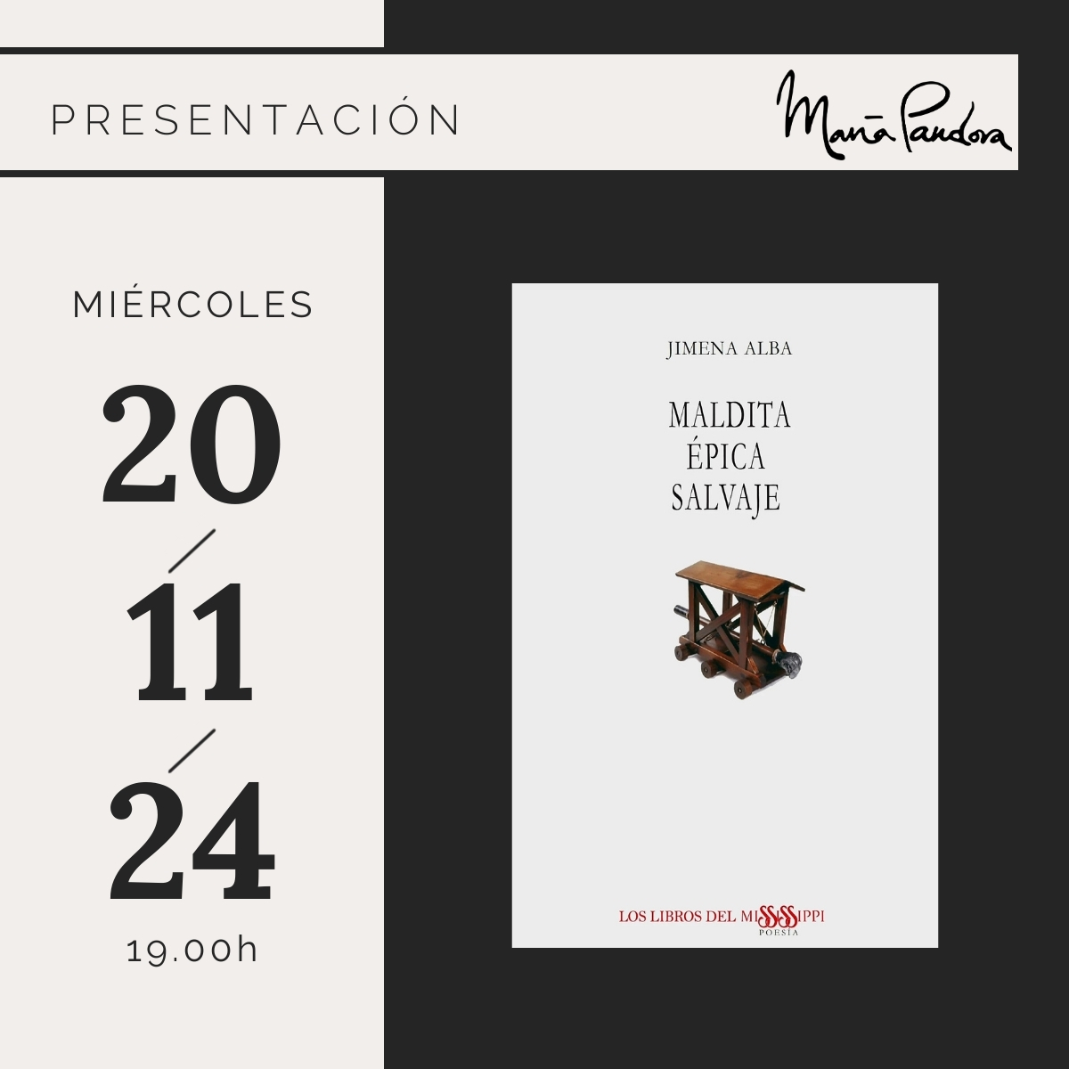 El miércoles 20 de noviembre, presentamos en María Pandora:
‘Maldita épica salvaje’ de Jimena Alba
Os esperamos.