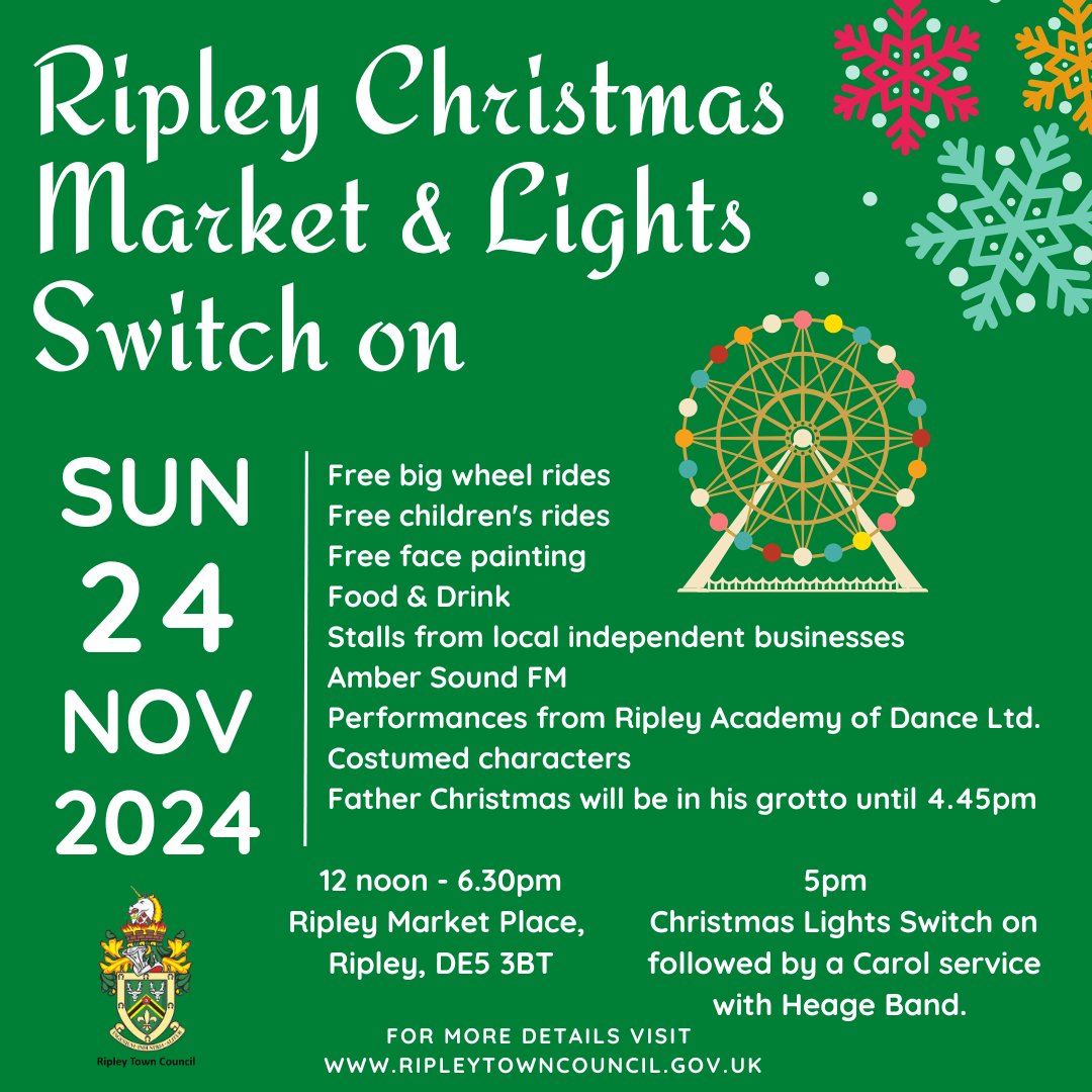 🎅🎄Our Christmas Market and Lights Switch On, is just around the corner! 
✨ FREE children's rides
✨ FREE big wheel rides
✨ FREE face painting
Plenty of stalls, food and gifts for all the family plus live performances and a Santa's grotto! #Ripley #Derbyshire #Xmas #Festive