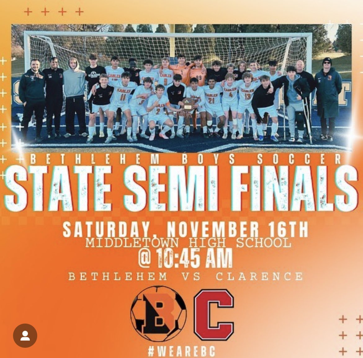 STATE SEMIFINAL! The boys travel down to Middletown Saturday 11/16 to take on Clarence HS in the NYS Semifinal! Kickoff is 10:45 on Faller Field. Tickets can be purchased at: gofan.co/event/1712154 and streaming option will be through the NFHS website. LET’S GO!!! 🦅⚽️ #WeAreBC