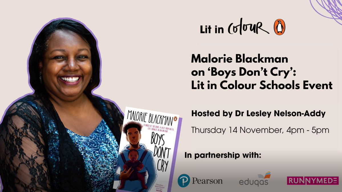eduqas's tweet photo. Already teaching or interested in introducing Malorie Blackman's 'Boys Don't Cry' to your GCSE English Literature learners?
Don't miss out on this afternoon's free virtual #LitInColour schools event with the prolific children's author from 4pm: https://t.co/K6nUCxfugq https://t.co/unO4t2Ootb