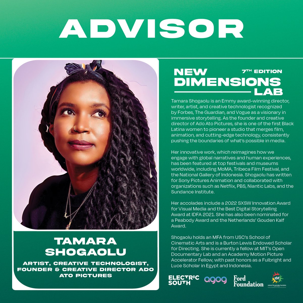 Meet Tamara Shogaolu 🇺🇸 an Emmy award-winning director, writer, artist, and creative technologist recognized by Forbes, The Guardian, and Vogue as a visionary in immersive storytelling. She is the first Black Latina woman founder and creative director of Ado Ato Pictures.