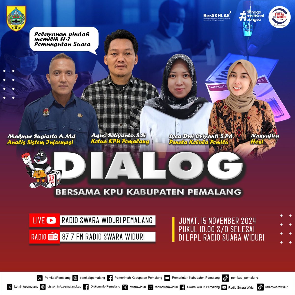 #TemanPemilih, spesial Talkshow bersama @radioswarawiduri besok Jumat (15/11/2024) mengenai Pelayanan Pindah Memilh H-7 Pemungutan Suara. 

Yuk, ikuti obrolannya biar makin paham tata cara pindah memilih
Jangan Lupa Ke TPS 27 November 2024
