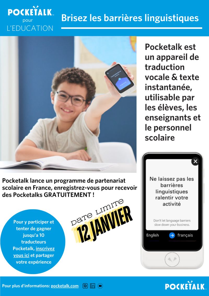 Congratulations!
<a href="/Pocketalk/">Pocketalk</a> launched the School Partnership Program in France!🎉
Building on its success in England &amp; Germany, Pocketalk is deploying its Education Program in France.
Registrations open until January 12, 2025👉pocketalk.com/fr_fr/programm…
Meet Pocketalk at #GIANT2024👋