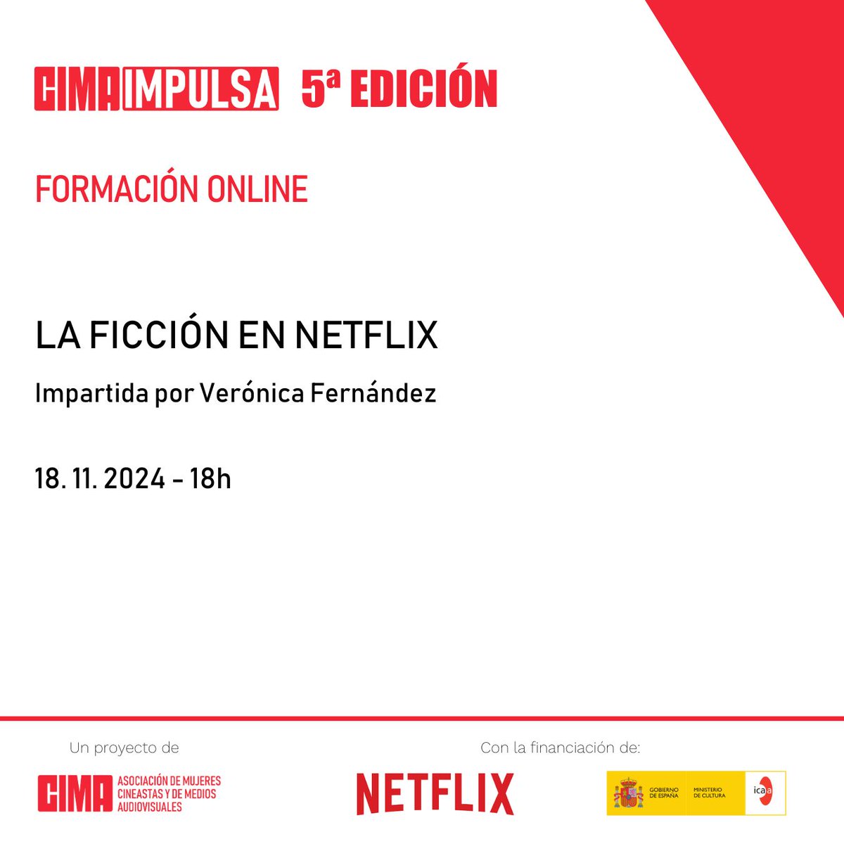 CIMA Impulsa (@cimaimpulsa) on Twitter photo 📣 ¡Próxima ponencia online! 📣
El 18 de noviembre, Verónica Fernández, Directora de Contenidos de Netflix en España y Portugal, nos hablará sobre "La ficción en Netflix" 🎬. Exclusiva para <a href="/cimaimpulsa/">CIMA Impulsa</a> y @cimamujer. ¡No te lo pierdas! #Netflix #Ficción #Cine #MujeresEnElCine 📣 ¡Próxima ponencia online! 📣
El 18 de noviembre, Verónica Fernández, Directora de Contenidos de Netflix en España y Portugal, nos hablará sobre "La ficción en Netflix" 🎬. Exclusiva para <a href="/cimaimpulsa/">CIMA Impulsa</a> y @cimamujer. ¡No te lo pierdas! #Netflix #Ficción #Cine #MujeresEnElCine