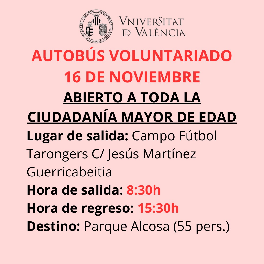 Voluntariat a Parc Alcosa dissabte 16. Autobús a les 8:30 des de Tarongers, tornada a les 15:30h. Inscripció dissabte 16 ir.uv.es/fLMz9x9