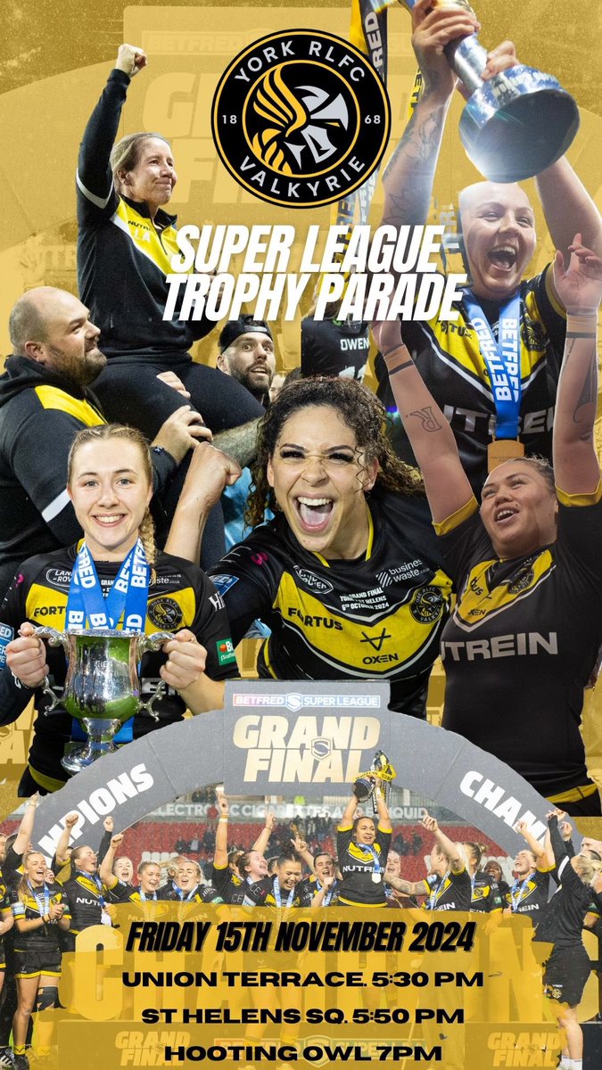 🏆 𝙔𝙤𝙧𝙠 𝙑𝙖𝙡𝙠𝙮𝙧𝙞𝙚 𝙏𝙧𝙤𝙥𝙝𝙮 𝙋𝙖𝙧𝙖𝙙𝙚 𝙏𝙊𝙈𝙊𝙍𝙍𝙊𝙒!

🚌 Come and show your support by cheering on the girls as they arrive at St Helen’s Square from 5:45pm onwards!

🍸Then join us at @ Hooting Owl at 7pm to continue the celebrations! 

🤝 Many thanks to