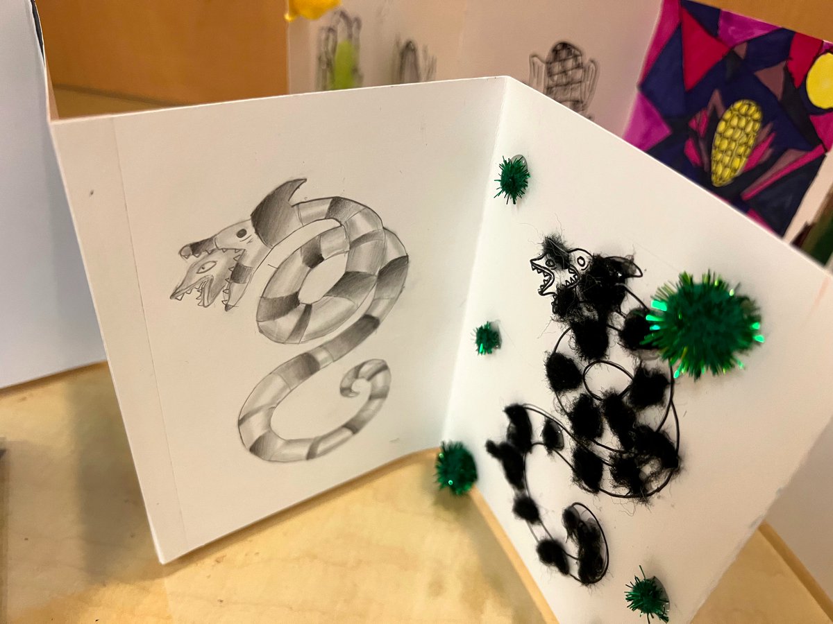 EndeavorCharter's tweet photo. Check out the creativity and skill of our 7th and 8th graders in Ms. Avena’s Bookmaking and Mixed Media elective! Their concertina books demonstrate their understanding of the seven elements of art. https://t.co/7ddur0VMlP