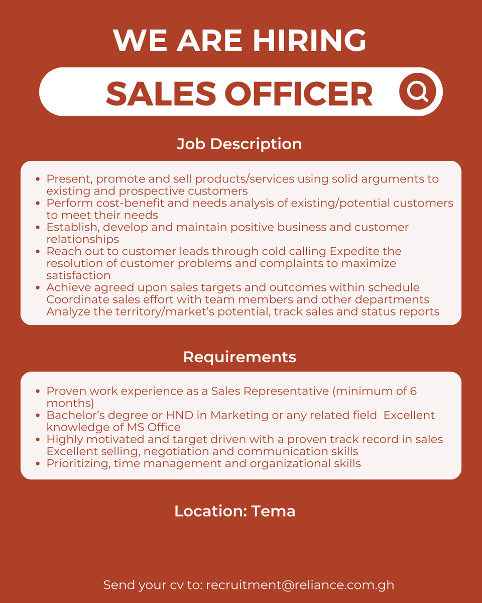 ReliancePerson1's tweet photo. SALES OFFICER WANTED
Sal: Ghc 2,500 Net
Loc: Tema
Send cv to: recruitment@reliance.com.gh
 #ghanajobs #vacanciesgh @findajobghana
@Job_goal @jobcentregh #NPPMPS #ibrahimmahama @Jobsinghana_job @JoblyGhana @joblemon @jobcentregh @VacanciesGh @ghanajobs @jobsviatweet @ghanajobshub https://t.co/A39VtVgja8