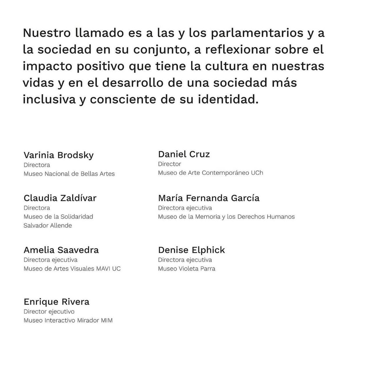 Museo Violeta Parra (@museovparra) on Twitter photo Declaración pública de directoras y directores de museos, a propósito de la discusión de Presupuesto 2025.
<a href="/Museo_MAC/">Museo de Arte Contemporáneo</a>
<a href="/mssachile/">Museo de la Solidaridad Salvador Allende</a>
<a href="/MuseoMemoriaCL/">Museo de la Memoria y los Derechos Humanos</a>
<a href="/MAVIchile/">MAVI UC</a>
<a href="/MIM_museo/">MIM_Museo</a> Declaración pública de directoras y directores de museos, a propósito de la discusión de Presupuesto 2025.
<a href="/Museo_MAC/">Museo de Arte Contemporáneo</a>
<a href="/mssachile/">Museo de la Solidaridad Salvador Allende</a>
<a href="/MuseoMemoriaCL/">Museo de la Memoria y los Derechos Humanos</a>
<a href="/MAVIchile/">MAVI UC</a>
<a href="/MIM_museo/">MIM_Museo</a>