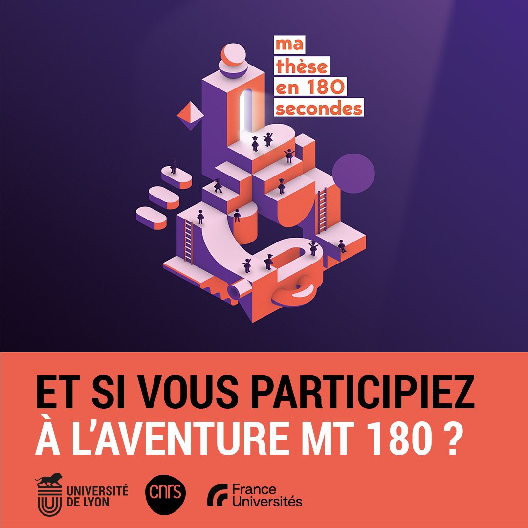 ✨Vous êtes doctorant(e) ou jeune docteur(e) ? La ComUE Université de Lyon lance son appel à candidature pour le concours Ma Thèse en 180 secondes ! 
Du 12 novembre au 20 février 2025, déclarez votre candidature : présenter votre sujet de thèse ! 
👉 universite-lyon.fr/mt180