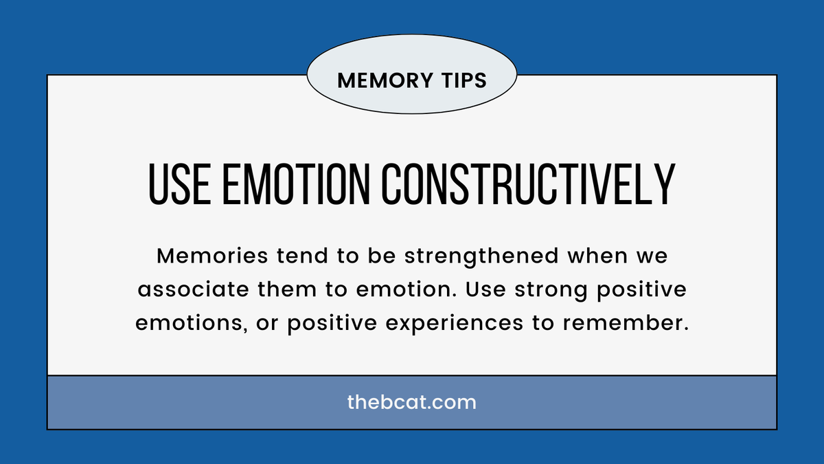 Want to boost your memory? 💡 Try linking what you want to remember to strong emotions! 😊 Memories tend to stick better when they're tied to positive feelings or experiences. Discover more memory boosting tips here thebcat.com/helpful-tips-t…