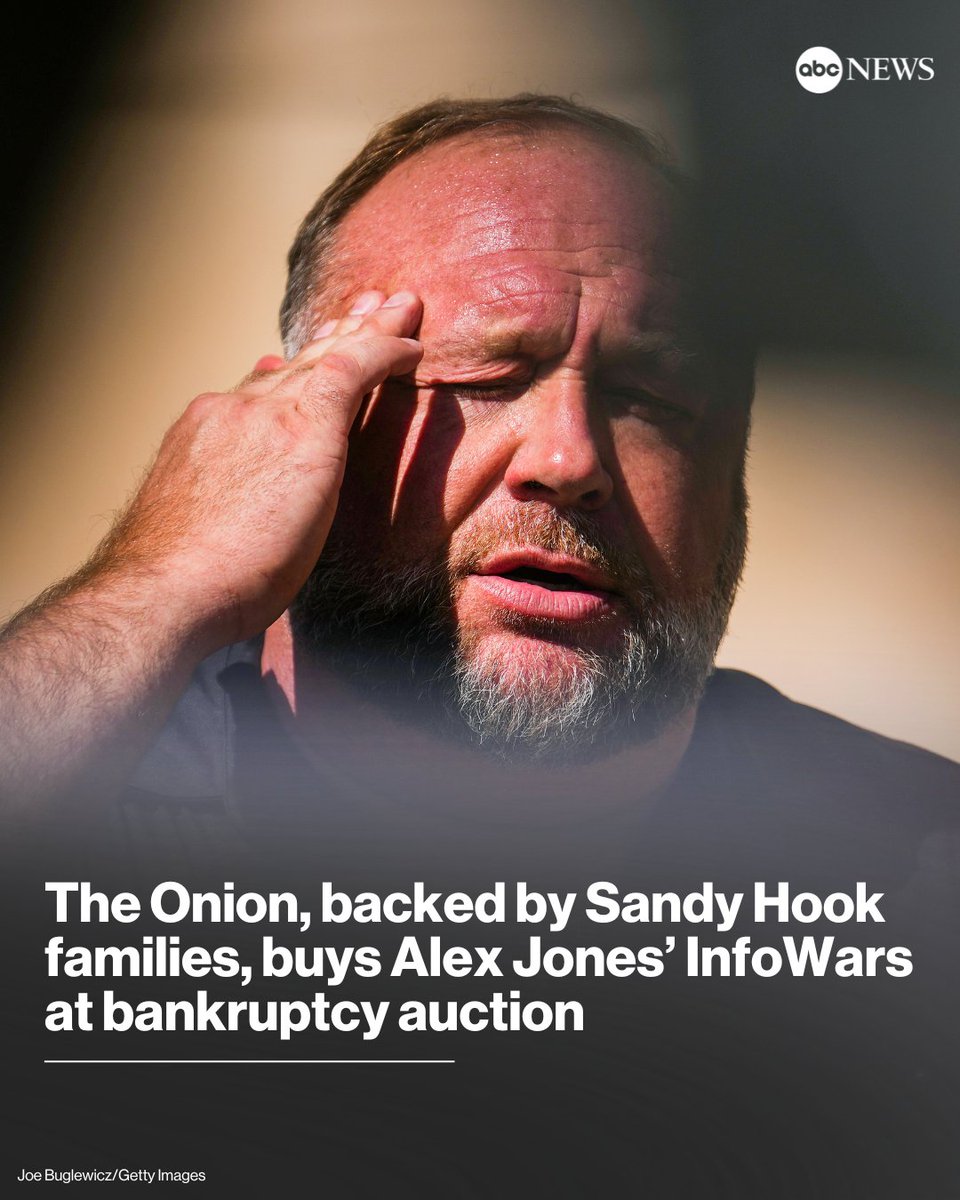 ABC's tweet photo. JUST IN: The satirical website The Onion has purchased InfoWars' website, customer lists and inventory, and certain social media accounts at bankruptcy auction.

Read more: https://t.co/EnsHQsaPar https://t.co/qiyFczBP42