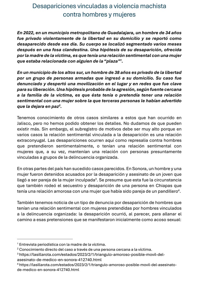 Las mujeres son vistas como objetos a poseer por miembros de grupos criminales que llegan a desaparecer a parejas de terceros o a quienes pretenden relacionarse con las suyas. Esto es analizado en un nuevo reporte sobre las formas comunes de desaparecer en Jalisco 👇