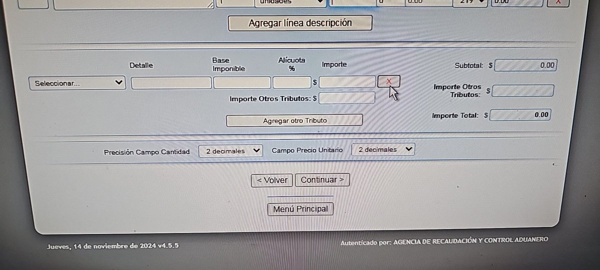 SebaZinni's tweet photo. @MonoTurin @BlogDelContador Me pasó lo mismo, me quedaba trancado al momento de poner la descripción y el monto, le daba "continuar" y no avanzaba. Probá sacando la opción "otros tributos" con la X (eliminala de la factura), ahí me dejó. https://t.co/bNhfOmiopF