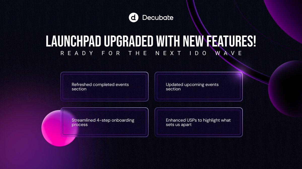 decubate's tweet photo. 🚀 Get Ready for the Next Wave of IDOs on Decubate!

We’ve upgraded our platform to make your experience better than ever! 🔥

A streamlined 4-step onboarding process

Updated upcoming events section, showcasing top projects

Enhanced USPs to highlight what sets us apart

Refreshed completed events section for better insights

The bull market is here, and so is Decubate’s next-level experience. Stay tuned and be prepared to dive into the most exciting IDOs on the market!
