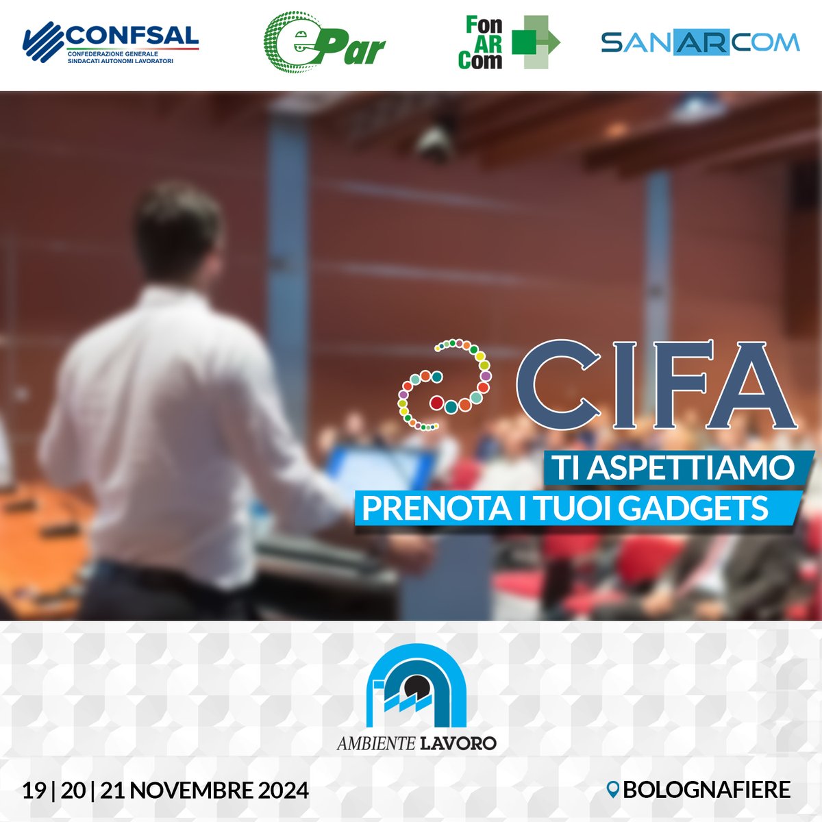 Il Sistema #CIFAItalia insieme con <a href="/Confsalnet/">Confsal</a> ti aspetta ad <a href="/Ambiente_Lavoro/">Ambiente Lavoro</a>, il Salone della salute e sicurezza nei luoghi di lavoro. 

L'appuntamento è dal 19 al 21 Novembre a #BolognaFiere nello 𝗦𝘁𝗮𝗻𝗱 𝗕 𝟯𝟯, 𝗣𝗮𝗱𝗶𝗴𝗹𝗶𝗼𝗻𝗲 𝟮𝟭👉 t.ly/pRItL