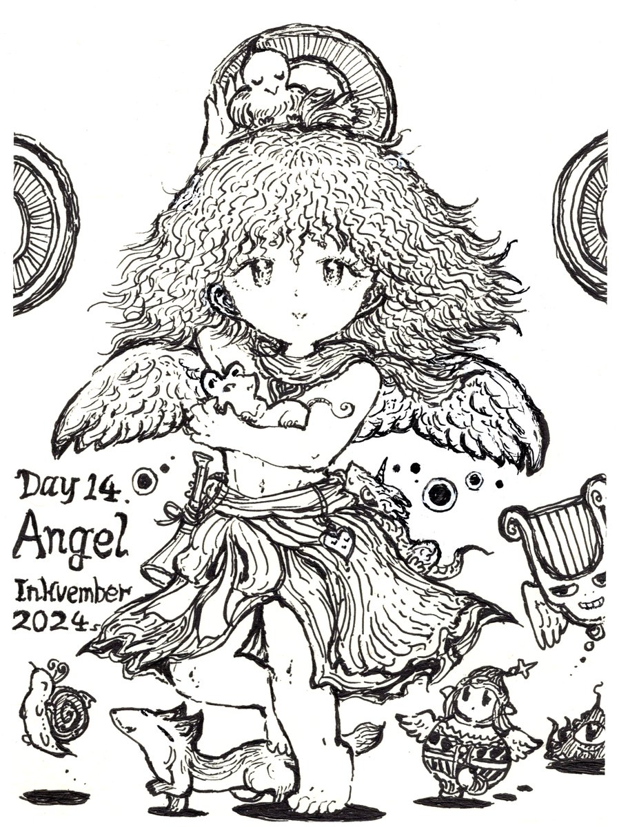 makasaga's tweet photo. インクベンバー14日目~👼バサァ
今日のお題は『天使(Angel)』
#いい天使の日 ってことで、小動物にやさしい慈悲深エンジェルくん描いてみた☺️
熾天使ゆえ、全身&光背がサーモスタットのごとく暖かいのだw
愛あるふところで焼き芋も作れちゃうぞっ🍠💕(便利!)
#アナログ絵 #ペン画 #inkvember https://t.co/heGDiiY53A