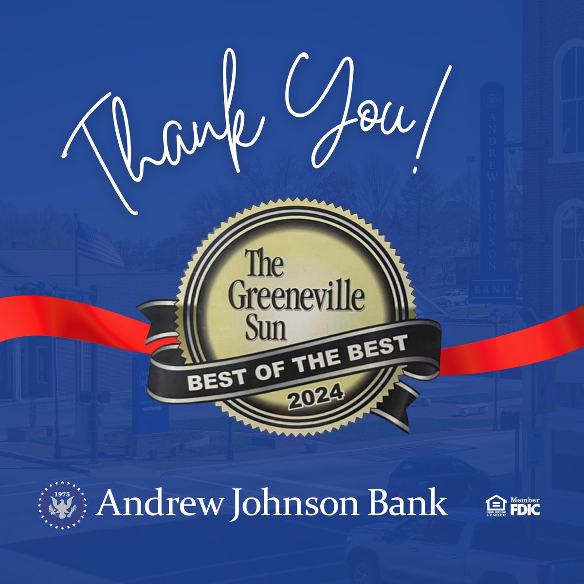THANK YOU for voting us BEST BANK in Greeneville! It's an honor to serve communities in East Tennessee.

Member FDIC | AJBank.com | #helpingfriendsisourbusiness #banklocal