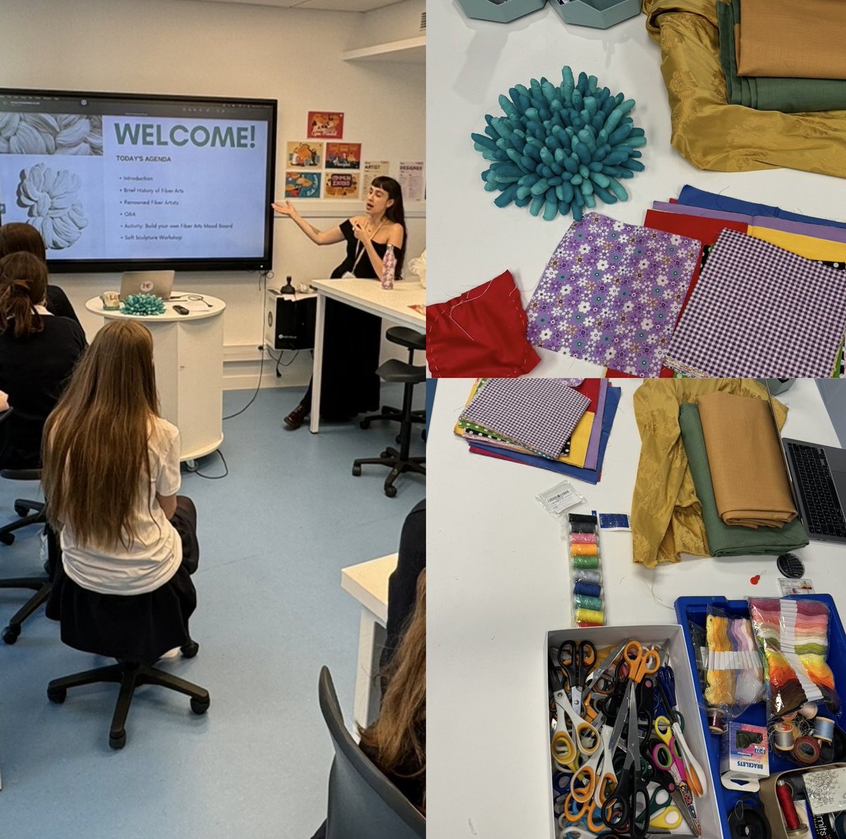 ISMonaco's tweet image. Honoured to work with fiber artist Sienna Martz this week! Students explored the Fiber Art Movement, studied inspiring artists, and created expressive abstract pieces with fabrics and fibers. Thrilled with their creativity and skills! 🎉🖌️

#fiberart #artwork #visitingartist