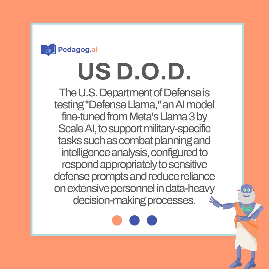 _pedagogy's tweet photo. 🚨 AI Industry News Update - Week of 11/11/24 🚨

AI innovations this week span national security, advanced AI capabilities, and entertainment:

1️⃣ Defense Llama: A Specialized AI Model for National Security  
The Department of Defense is testing "Defense Llama," a fine-tuned AI model from Meta’s Llama 3 by Scale AI, for military use cases such as combat planning and intelligence analysis.  
🔗 https://t.co/oOtGUj8Acs

2️⃣ I that Invents AI
Rob Toews discusses the emerging potential of AI systems that self-improve and conduct independent research, a trend raising both excitement and ethical questions as AGI predictions loom.  
🔗 https://t.co/OjklCW5Xyc

3️⃣ Prime Video Adds AI-Powered X-Ray Recaps
Amazon’s Prime Video now offers AI-powered X-Ray Recaps, providing spoiler-free summaries of episodes to help viewers catch up without rewatching, powered by Amazon Bedrock’s generative AI.  
🔗 https://t.co/1I0YG8k0ix

Stay tuned as AI continues to shape diverse sectors. #AIIndustry #DefenseAI #AGI #PrimeVideoAI